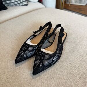 A New Day Women's London Floral Lace Sling Back Bow Flats, Black, Sz 6.5, NWT